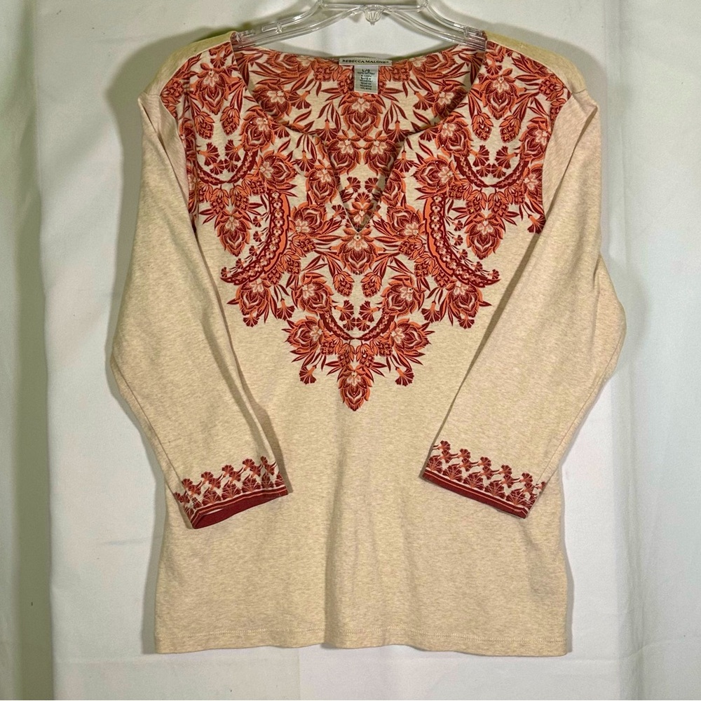 Rebecca Malone Cream and Red Damask 100% Cotton 3/4 Sleeve Top‎ Women's Large